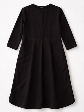 Muji Black Lagenlook Long Line Rounded Hem Cotton Midi Dress Modest Pockets